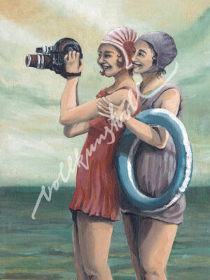 Original - Retro "Frauen mit Kamera" - Original Acrylbild auf Holz - handsigniert und versiegelt.